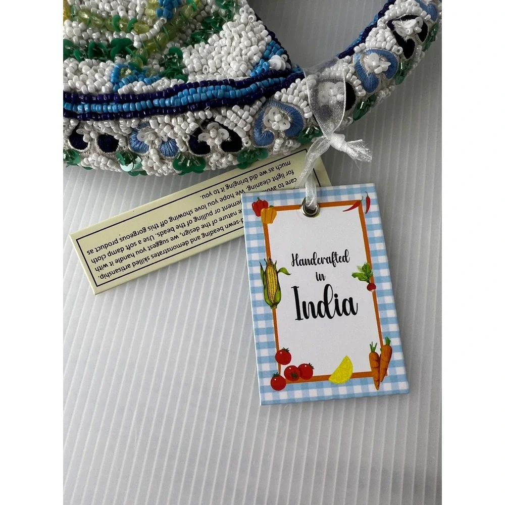 Handcrafted Beaded Lemon Mini Bag White Blue Yellow Citrus Fruit Hobo Handbag